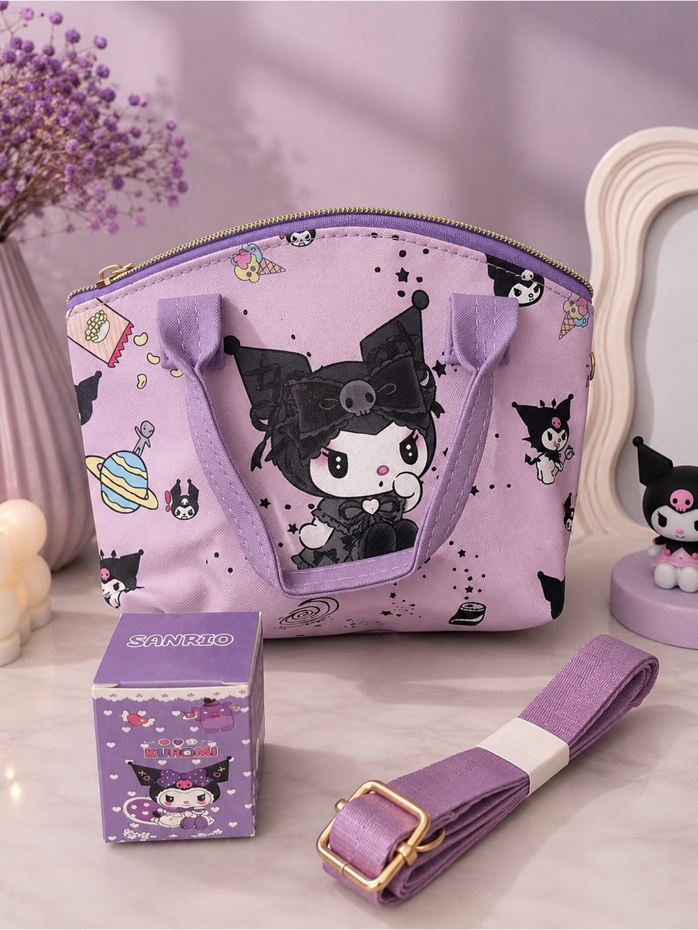 Sanrio Kuromi Lavender Mini Tote Bag + Mystery Character Keychain